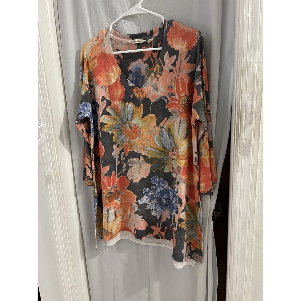Soft Surroundings Orange Floral Lightweight V Neck Tunic Top Sz L